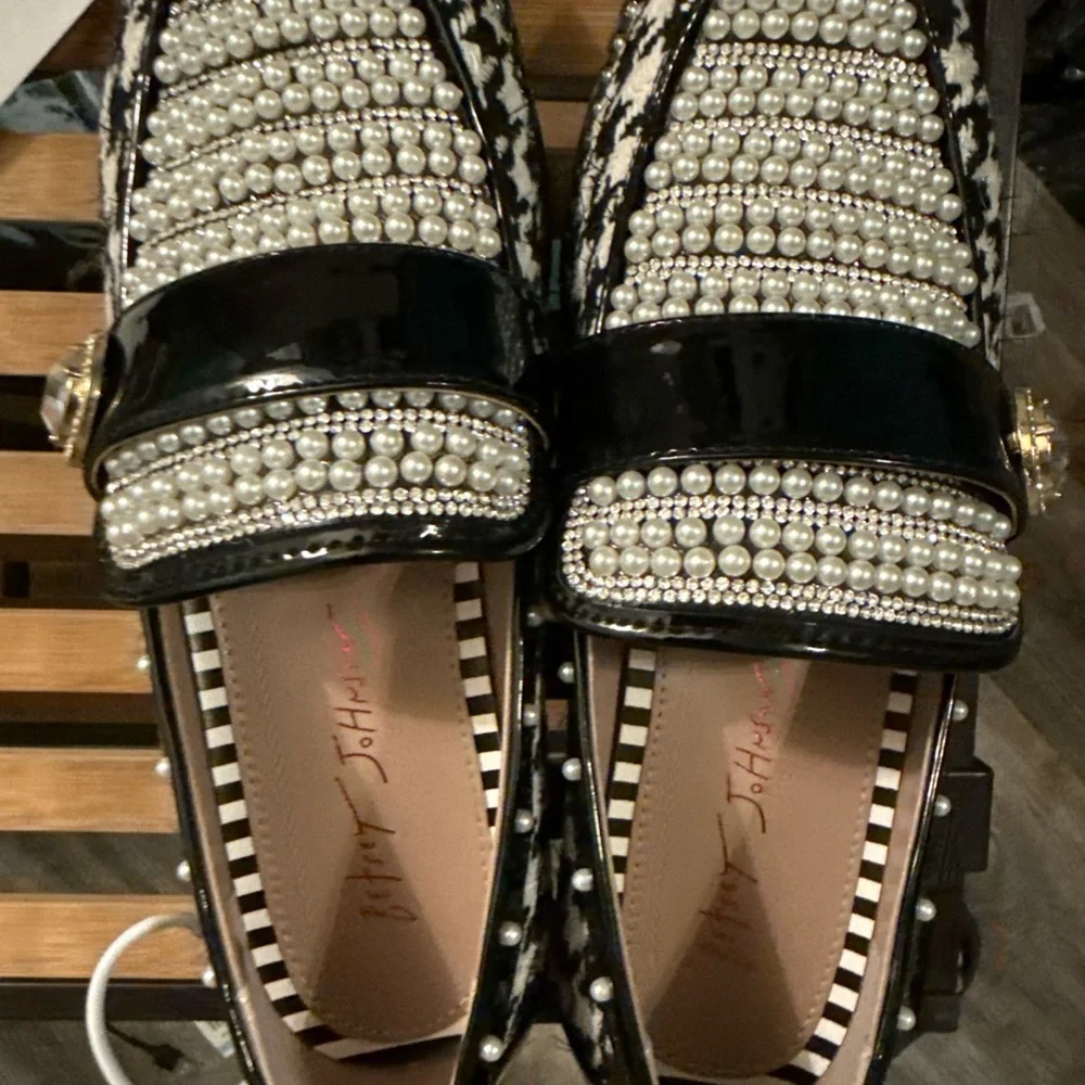 Betsey Johnson Black and White Pearl Embellished Loafers - Picture 3 of 7